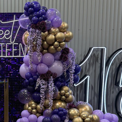 Mur à paillettes, guirlande de ballons et chiffres lumineux