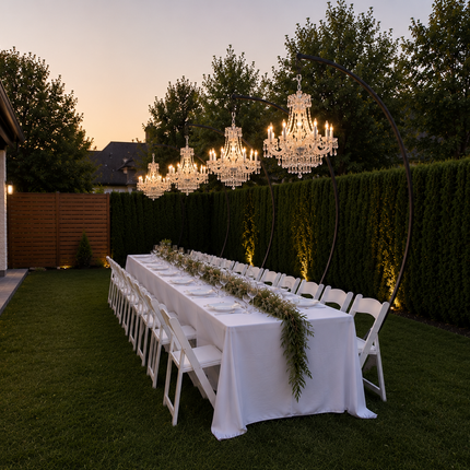 Location de chandeliers en cristal sur arches pour mariage en plein air, ampoules blanc chaud