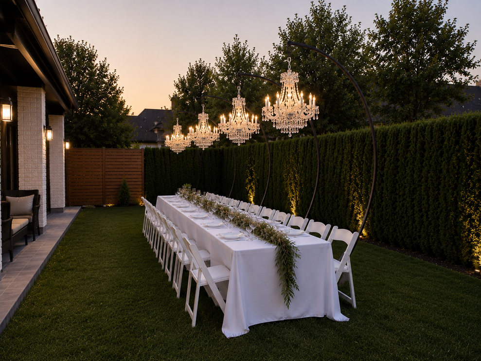 Location de chandeliers en cristal sur arches pour mariage en plein air, ampoules blanc chaud