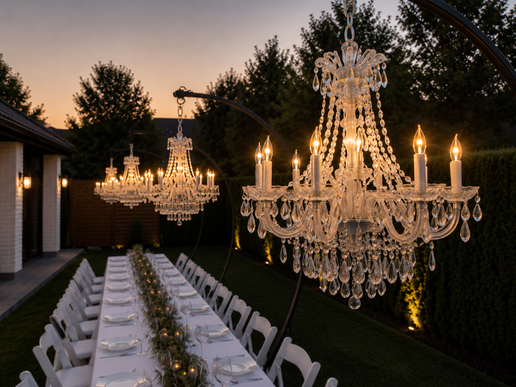 Chandelier en cristal 8 bras sur support en arche, location décor de mariage extérieur au coucher de soleil