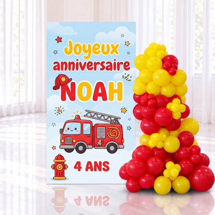 Backdrop d'anniversaire d'enfant thème camion de pompier avec prénom et âge, guirlande de ballons rouges et jaunes