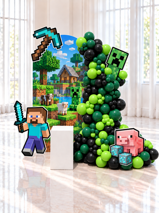 Décoration d'anniversaire thème jeu de blocs, backdrop imprimé, guirlande de ballons verts et noirs et découpes de personnages