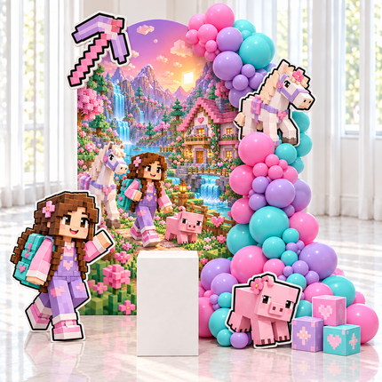Décoration d'anniversaire pour fille thème jeu de blocs, backdrop imprimé pastel, guirlande de ballons roses et turquoise