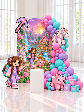 Décoration d'anniversaire pour fille thème jeu de blocs, backdrop imprimé pastel, guirlande de ballons roses et turquoise