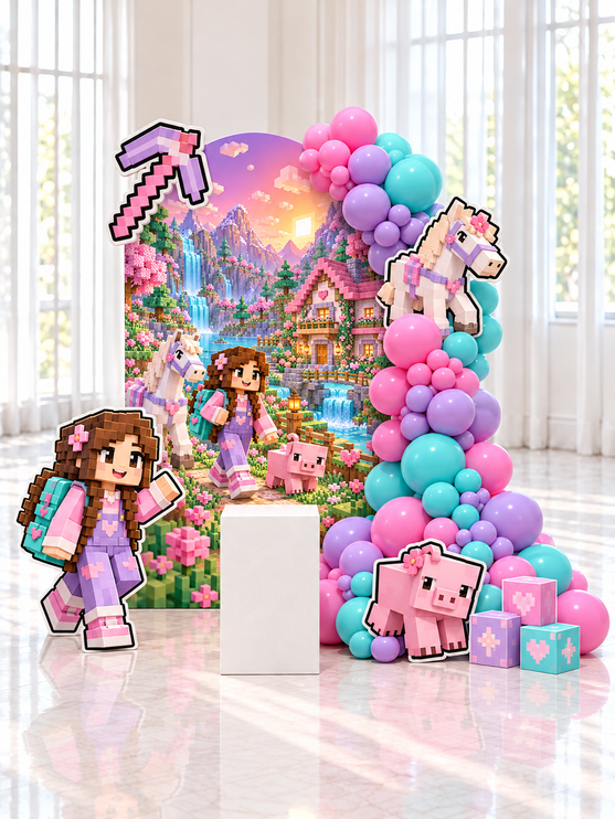 Décoration d'anniversaire pour fille thème jeu de blocs, backdrop imprimé pastel, guirlande de ballons roses et turquoise