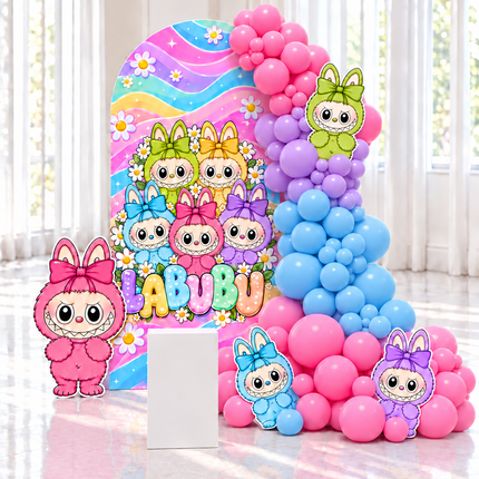 Décoration d'anniversaire pour fille avec petits monstres à boucles, arc-en-ciel et guirlande de ballons roses et bleus