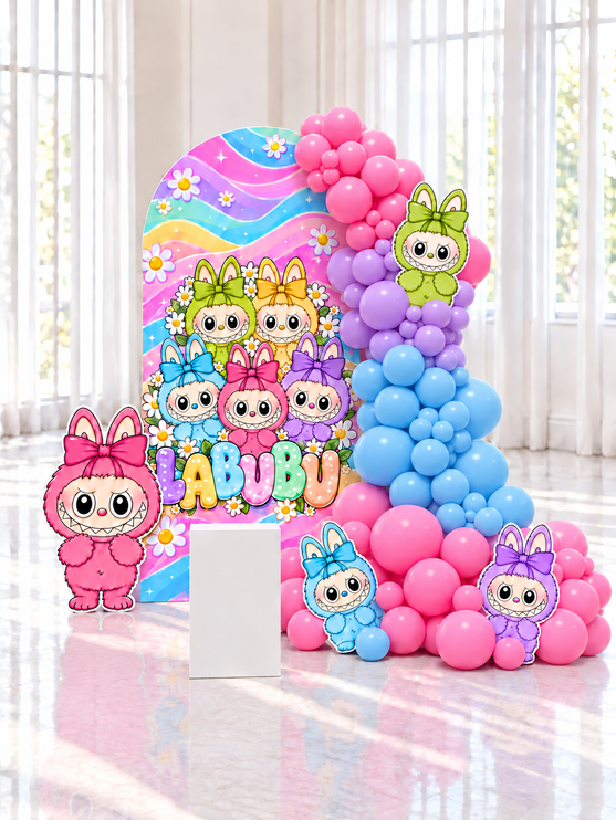 Décoration d'anniversaire pour fille avec petits monstres à boucles, arc-en-ciel et guirlande de ballons roses et bleus