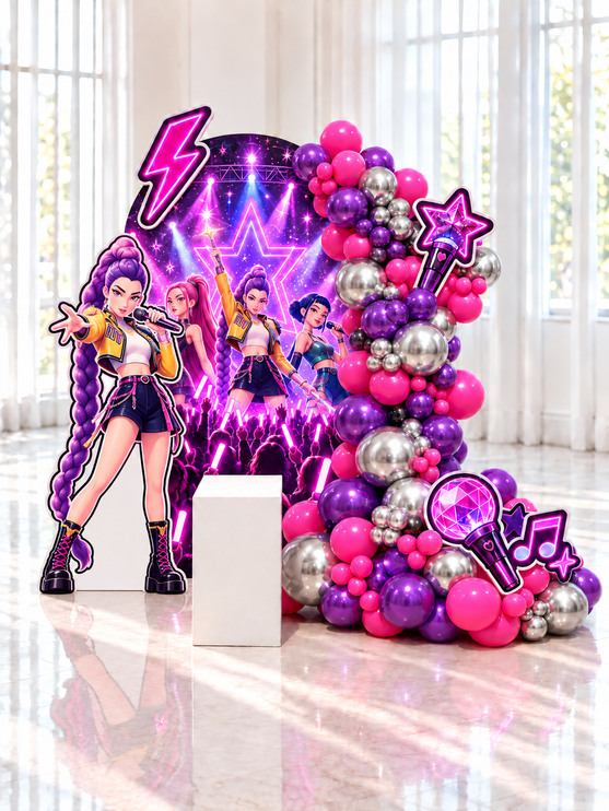Décoration d'anniversaire thème scène de concert, backdrop imprimé et guirlande de ballons roses, mauves et argent