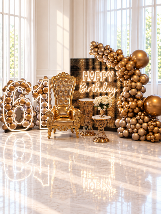 Décor d'anniversaire tout en or avec mur à paillettes, néon Happy Birthday, trône royal doré et chiffres géants lumineux garnis de ballons