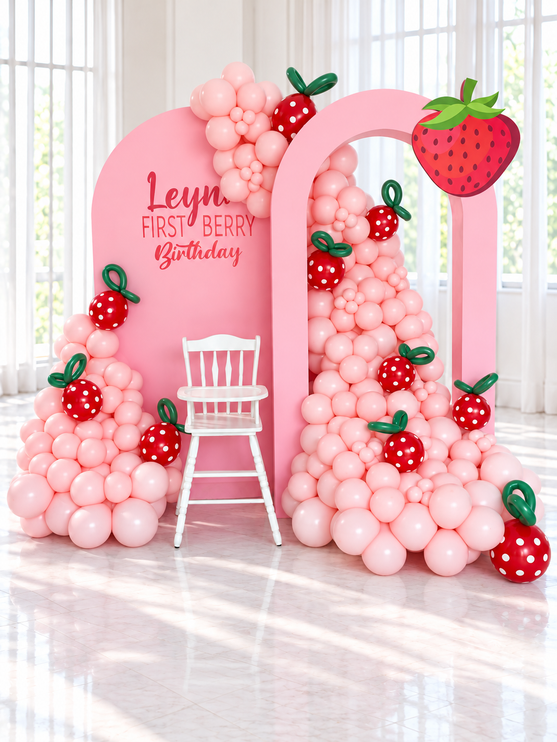 Décor de premier anniversaire thème fraise avec deux arches roses, guirlande de ballons rose, rouge et vert, découpe de fraise géante et chaise haute vintage blanche