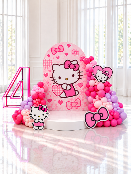 Décor d'anniversaire Hello Kitty grand format avec arche imprimée rose, plateforme ronde, chiffre lumineux et guirlande de ballons