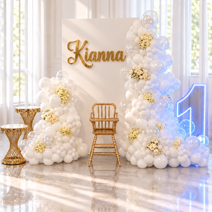 Décor de premier anniversaire blanc et or avec mur de plexiglas lustré, prénom en acrylique miroir or, guirlande de ballons blancs et transparents avec fleurs crème, chaise haute vintage dorée et chiffre lumineux
