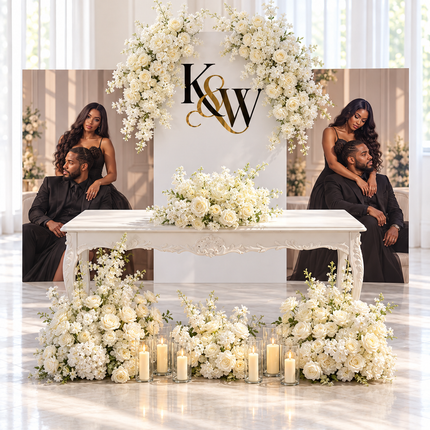 Décor de table d'honneur de mariage avec portraits imprimés des mariés, initiales en plexiglas or miroir, arrangements floraux blancs et bougies