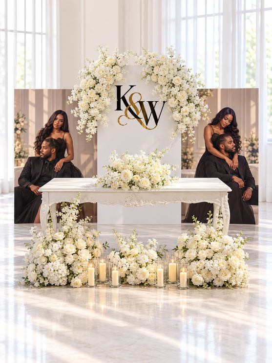 Décor de table d'honneur de mariage avec portraits imprimés des mariés, initiales en plexiglas or miroir, arrangements floraux blancs et bougies