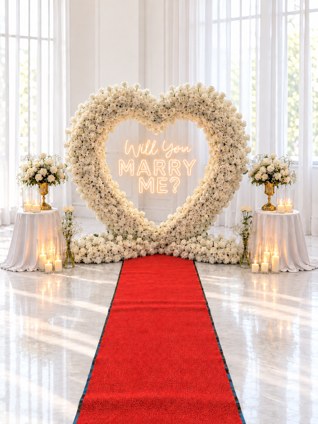 Décor de demande en mariage, cœur géant en fleurs blanches avec néon Will You Marry Me, tapis rouge, bougies et arrangements floraux sur pied doré