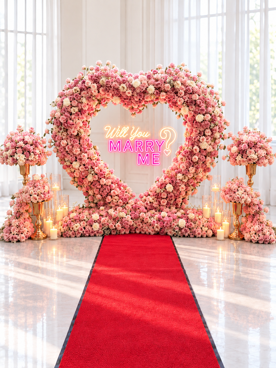 Décor de demande en mariage, cœur géant en fleurs roses avec néon Will You Marry Me, tapis rouge, bougies et arrangements floraux sur pied doré
