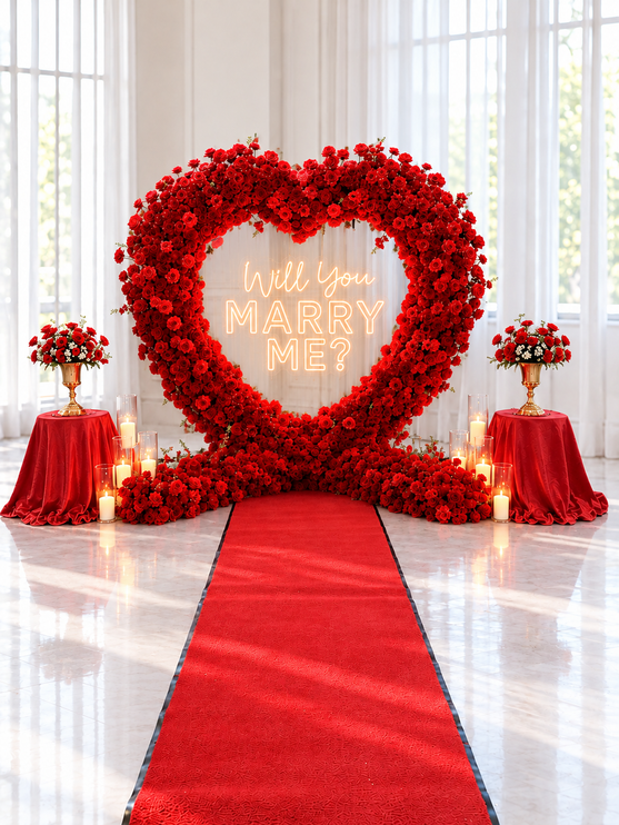 Décor de demande en mariage, cœur géant en fleurs rouges avec néon Will You Marry Me, tapis rouge, bougies et arrangements floraux sur pied doré