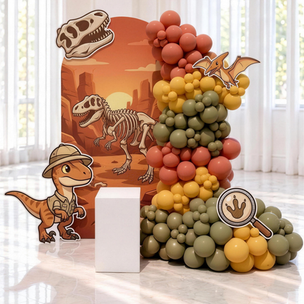 Décoration d'anniversaire thème chasseur de fossiles, squelette de dinosaure et guirlande de ballons terracotta, moutarde et kaki