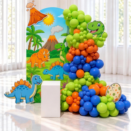 Décoration d'anniversaire thème dinosaures et volcan, guirlande de ballons verts, orange et bleus