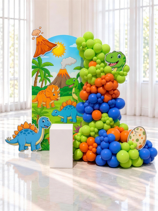 Décoration d'anniversaire thème dinosaures et volcan, guirlande de ballons verts, orange et bleus