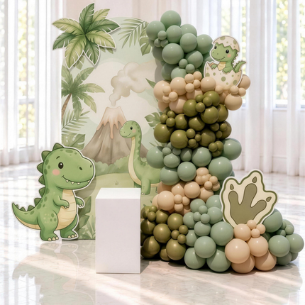 Décoration d'anniversaire thème petit dinosaure en aquarelle, guirlande de ballons sauge, kaki et beige