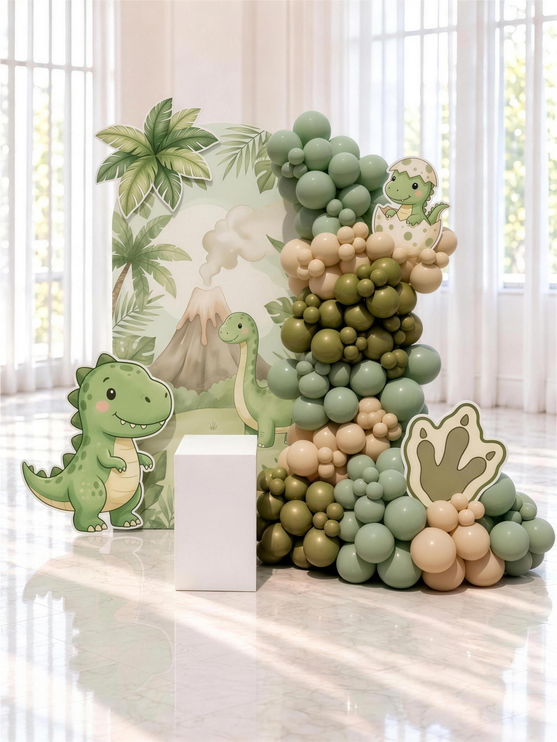 Décoration d'anniversaire thème petit dinosaure en aquarelle, guirlande de ballons sauge, kaki et beige