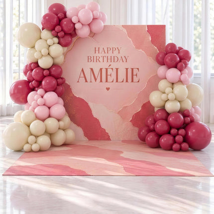 Decor rose et framboise imprime avec plancher assorti et guirlandes de ballons