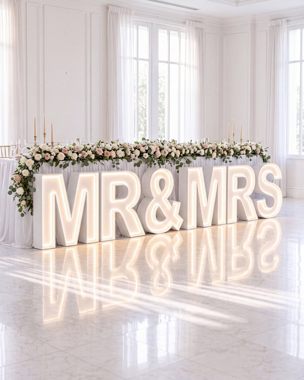 Lettres lumineuses MR and MRS devant la table d honneur