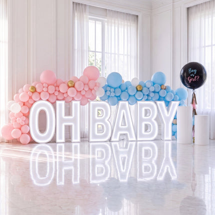 Lettres lumineuses OH BABY rose et bleu pour un gender reveal
