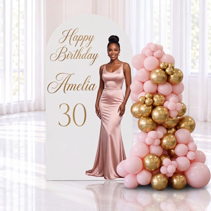 Backdrop personnalisé avec photo, arche imprimée Happy Birthday et guirlande de ballons rose et or