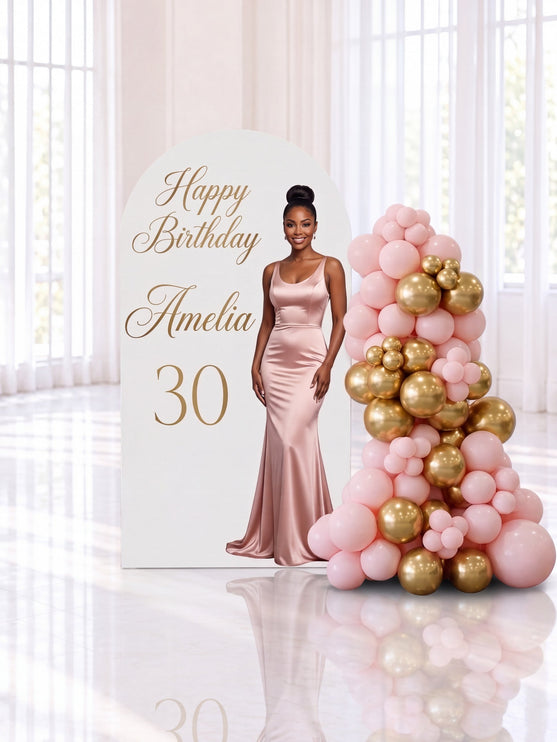 Backdrop personnalisé avec photo, arche imprimée Happy Birthday et guirlande de ballons rose et or